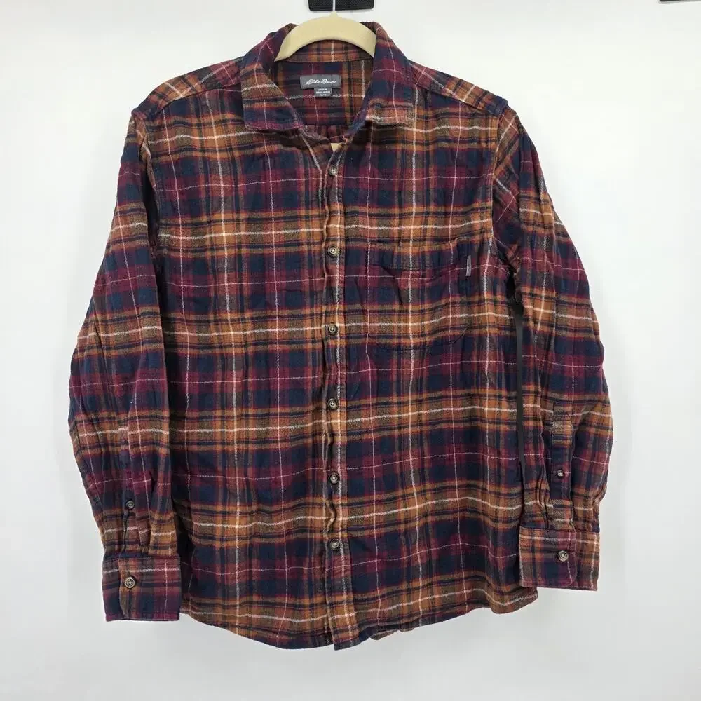 Eddie Bauer Shirt Men's Medium Long Sleeve Button Up Blue Orange Plaid Flannel